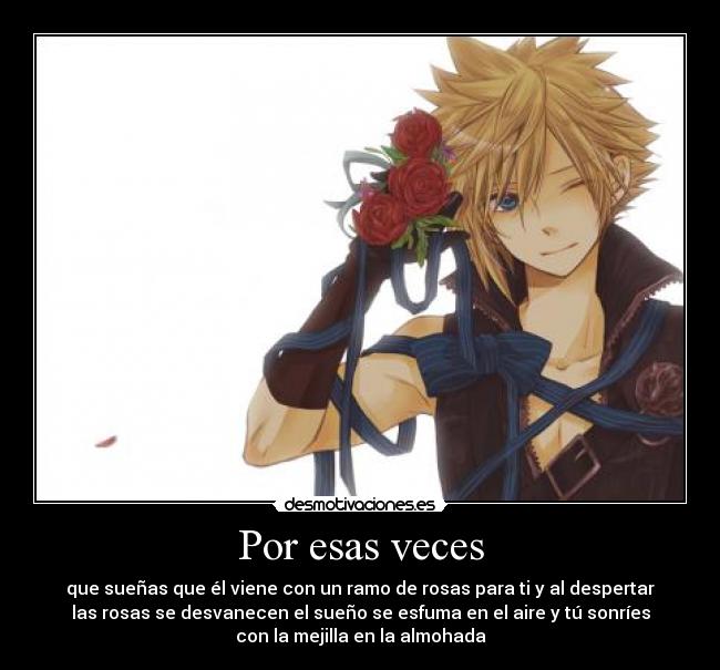 Por esas veces - que sueñas que él viene con un ramo de rosas para ti y al despertar
las rosas se desvanecen el sueño se esfuma en el aire y tú sonríes
con la mejilla en la almohada