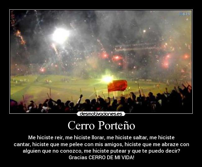 Cerro Porteño - Me hiciste reir, me hiciste llorar, me hiciste saltar, me hiciste
cantar, hiciste que me pelee con mis amigos, hiciste que me abraze con
alguien que no conozco, me hiciste putear y que te puedo decir?
Gracias CERRO DE MI VIDA!