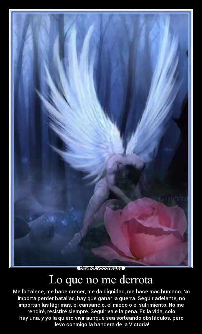 Lo que no me derrota - Me fortalece, me hace crecer, me da dignidad, me hace más humano. No
importa perder batallas, hay que ganar la guerra. Seguir adelante, no
importan las lágrimas, el cansancio, el miedo o el sufrimiento. No me
rendiré, resistiré siempre. Seguir vale la pena. Es la vida, solo
hay una, y yo la quiero vivir aunque sea sorteando obstáculos, pero
llevo conmigo la bandera de la Victoria!