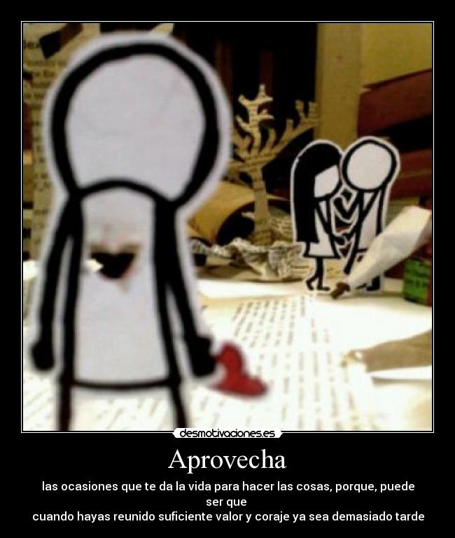 Aprovecha - las ocasiones que te da la vida para hacer las cosas, porque, puede ser que
cuando hayas reunido suficiente valor y coraje ya sea demasiado tarde