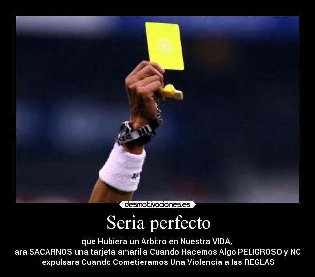 Seria perfecto - que Hubiera un Arbitro en Nuestra VIDA, 
para SACARNOS una tarjeta amarilla Cuando Hacemos Algo PELIGROSO y NOS
expulsara Cuando Cometieramos Una Violencia a las REGLAS