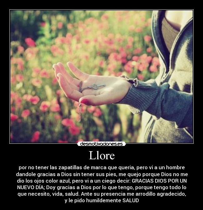 Llore - por no tener las zapatillas de marca que queria, pero vi a un hombre
dandole gracias a Dios sin tener sus pies, me quejo porque Dios no me
dio los ojos color azul, pero vi a un ciego decir: GRACIAS DIOS POR UN
NUEVO DÍA; Doy gracias a Dios por lo que tengo, porque tengo todo lo
que necesito, vida, salud. Ante su presencia me arrodillo agradecido,
y le pido humildemente SALUD