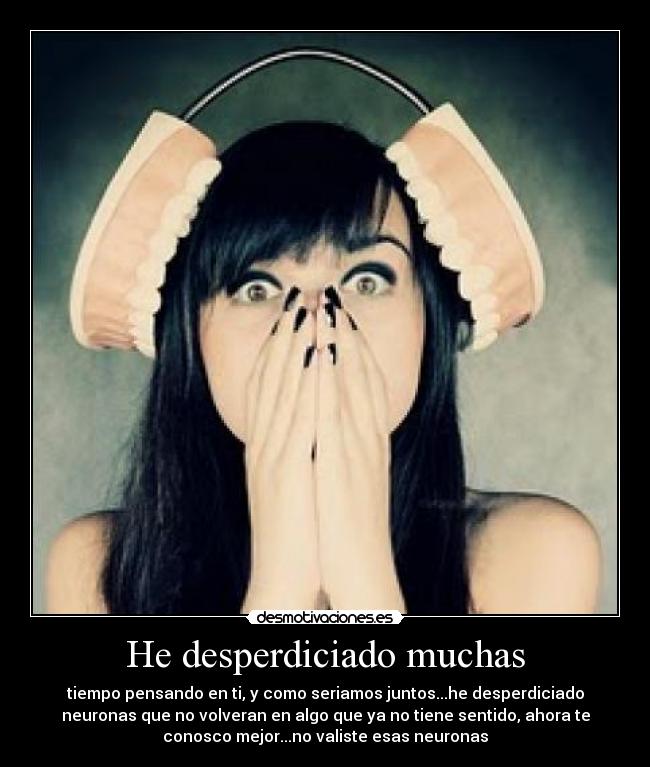 He desperdiciado muchas - tiempo pensando en ti, y como seriamos juntos...he desperdiciado
neuronas que no volveran en algo que ya no tiene sentido, ahora te
conosco mejor...no valiste esas neuronas