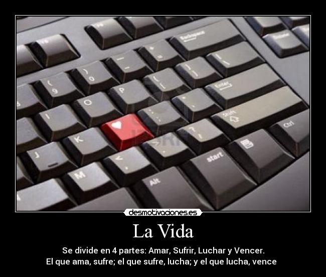 La Vida - Se divide en 4 partes: Amar, Sufrir, Luchar y Vencer.
El que ama, sufre; el que sufre, lucha; y el que lucha, vence ♥