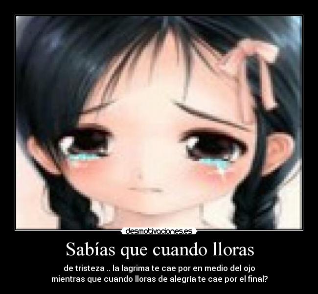 Sabías que cuando lloras - de tristeza .. la lagrima te cae por en medio del ojo
mientras que cuando lloras de alegría te cae por el final?