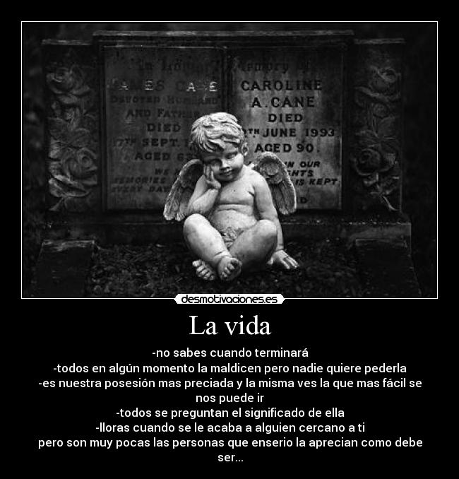 La vida - -no sabes cuando terminará
-todos en algún momento la maldicen pero nadie quiere pederla
-es nuestra posesión mas preciada y la misma ves la que mas fácil se nos puede ir
-todos se preguntan el significado de ella
-lloras cuando se le acaba a alguien cercano a ti
pero son muy pocas las personas que enserio la aprecian como debe ser...