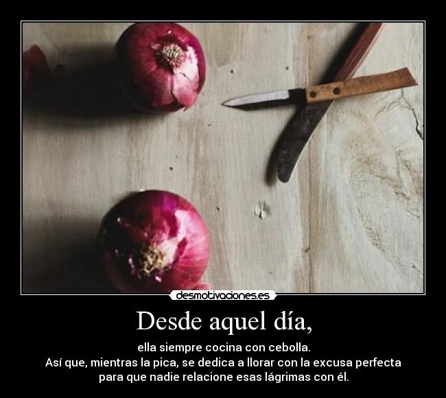 Desde aquel día, - ella siempre cocina con cebolla.
Así que, mientras la pica, se dedica a llorar con la excusa perfecta
para que nadie relacione esas lágrimas con él.