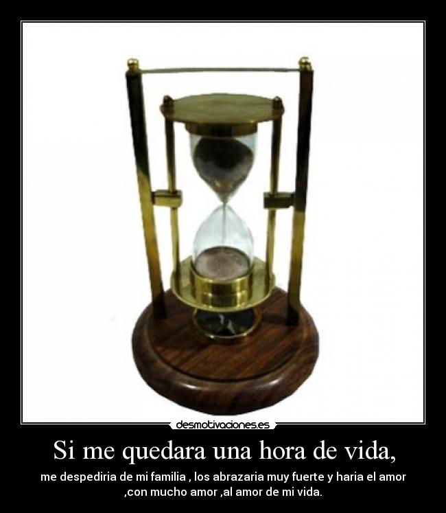 Si me quedara una hora de vida, - me despediria de mi familia , los abrazaria muy fuerte y haria el amor
,con mucho amor ,al amor de mi vida.