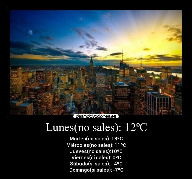 Lunes(no sales): 12ºC - Martes(no sales): 13ºC
Miércoles(no sales): 11ºC
Jueves(no sales):10ºC
Viernes(si sales): 0ºC
Sábado(si sales): -4ºC
Domingo(si sales): -7ºC
