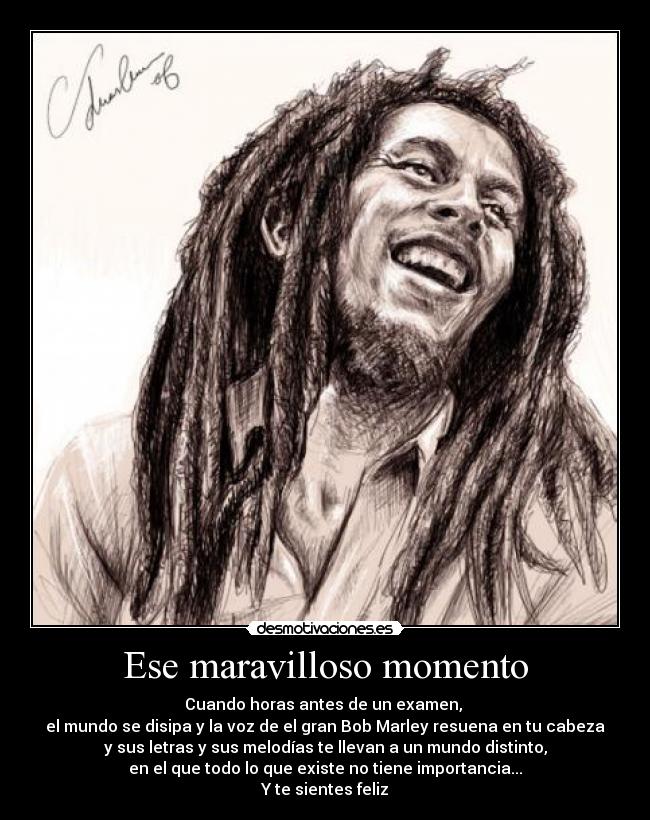 Ese maravilloso momento - Cuando horas antes de un examen, 
el mundo se disipa y la voz de el gran Bob Marley resuena en tu cabeza
y sus letras y sus melodías te llevan a un mundo distinto,
en el que todo lo que existe no tiene importancia...
Y te sientes feliz