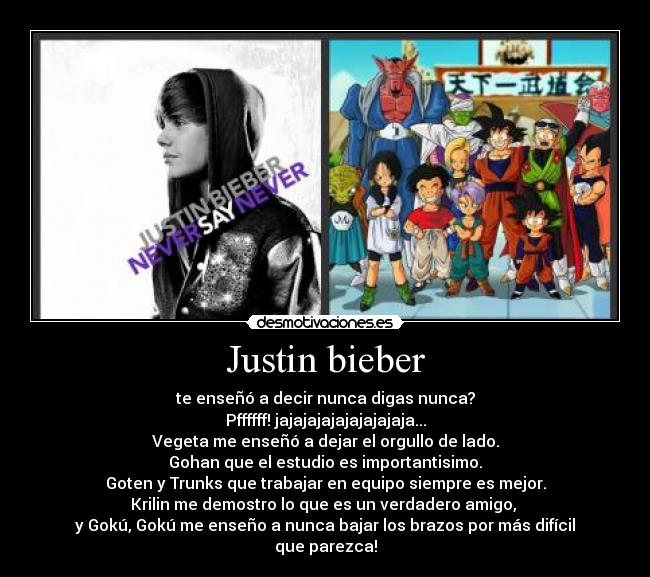 Justin bieber - te enseñó a decir nunca digas nunca?
Pffffff! jajajajajajajajajaja...
Vegeta me enseñó a dejar el orgullo de lado.
Gohan que el estudio es importantisimo.
Goten y Trunks que trabajar en equipo siempre es mejor.
Krilin me demostro lo que es un verdadero amigo, 
y Gokú, Gokú me enseño a nunca bajar los brazos por más difícil que parezca!