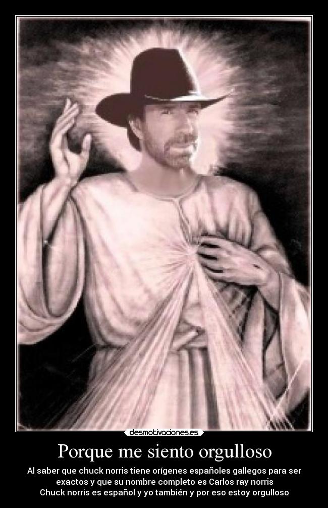 Porque me siento orgulloso - Al saber que chuck norris tiene orígenes españoles gallegos para ser
exactos y que su nombre completo es Carlos ray norris
Chuck norris es español y yo también y por eso estoy orgulloso