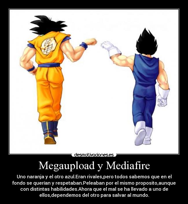 Megaupload y Mediafire - Uno naranja y el otro azul.Eran rivales,pero todos sabemos que en el
fondo se querían y respetaban.Peleaban por el mismo proposito,aunque
con distintas habilidades.Ahora que el mal se ha llevado a uno de
ellos,dependemos del otro para salvar al mundo.