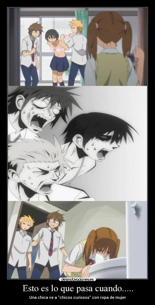 carteles danshi koukousei nichijou chicos viendo ropa mujer una chica los vomita desmotivaciones