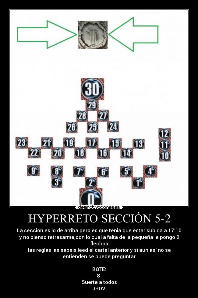 HYPERRETO SECCIÓN 5-2 - La sección es lo de arriba pero es que tenia que estar subida a 17:10
y no pienso retrasarme,con lo cual a falta de la pequeña le pongo 2
flechas
las reglas las sabeis leed el cartel anterior y si aun así no se
entienden se puede preguntar

BOTE:
S-
Suerte a todos
JPDV