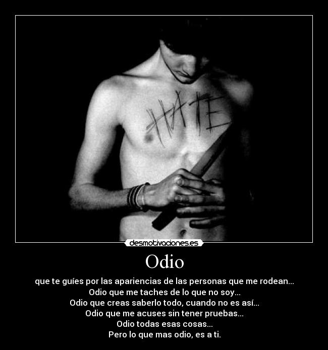 Odio - que te guíes por las apariencias de las personas que me rodean...
Odio que me taches de lo que no soy...
Odio que creas saberlo todo, cuando no es así...
Odio que me acuses sin tener pruebas...
Odio todas esas cosas...
Pero lo que mas odio, es a ti.