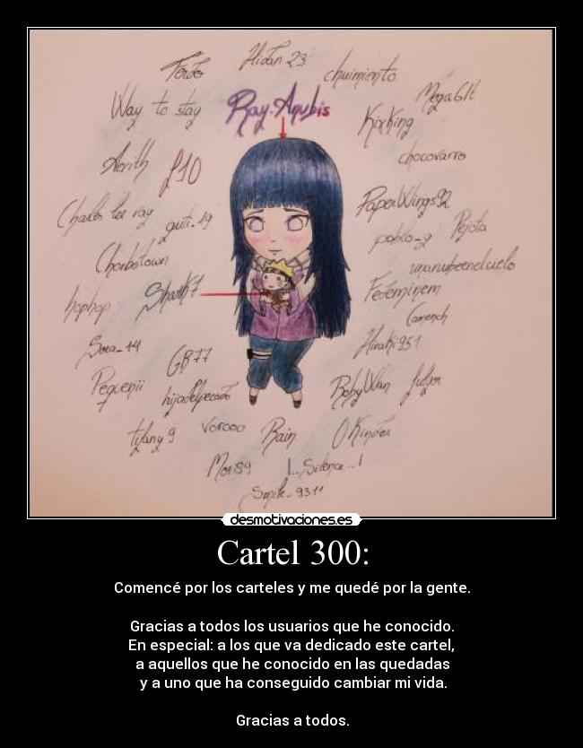 Cartel 300: - Comencé por los carteles y me quedé por la gente.
Gracias a todos los usuarios que he conocido.
En especial: a los que va dedicado este cartel,
a aquellos que he conocido en las quedadas
y a uno que ha conseguido cambiar mi vida.
Gracias a todos.