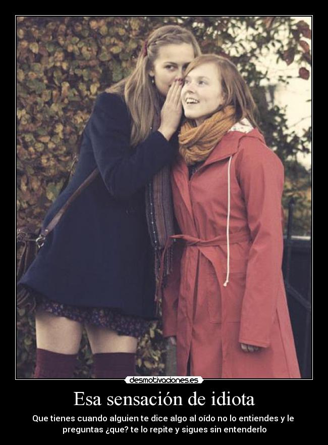Esa sensación de idiota - Que tienes cuando alguien te dice algo al oído no lo entiendes y le
preguntas ¿que? te lo repite y sigues sin entenderlo