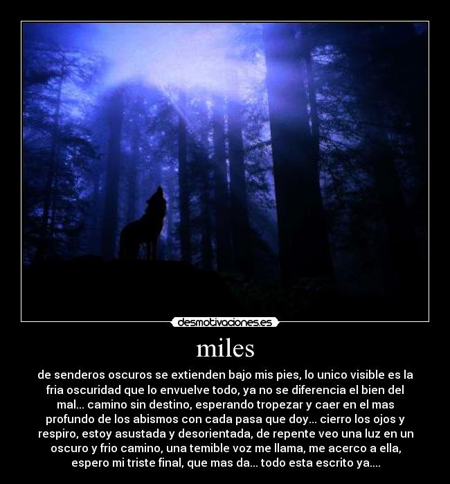 miles - de senderos oscuros se extienden bajo mis pies, lo unico visible es la
fria oscuridad que lo envuelve todo, ya no se diferencia el bien del
mal... camino sin destino, esperando tropezar y caer en el mas
profundo de los abismos con cada pasa que doy... cierro los ojos y
respiro, estoy asustada y desorientada, de repente veo una luz en un
oscuro y frio camino, una temible voz me llama, me acerco a ella,
espero mi triste final, que mas da... todo esta escrito ya....
