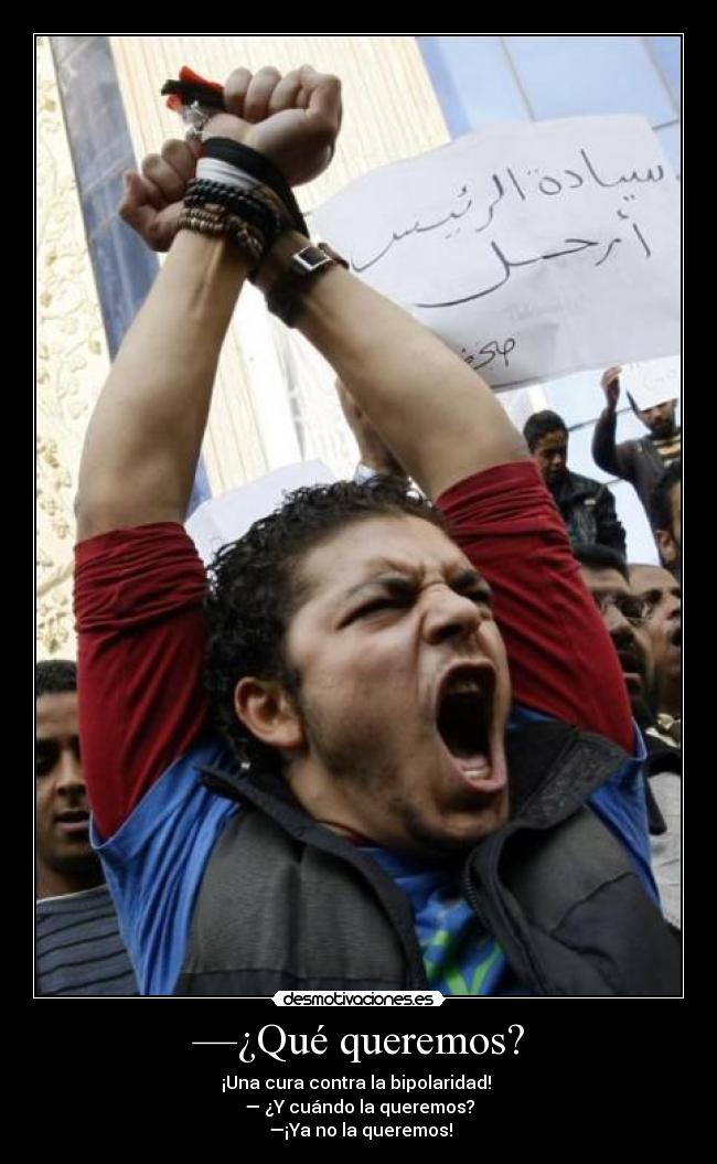 —¿Qué queremos? - ¡Una cura contra la bipolaridad!
— ¿Y cuándo la queremos?
—¡Ya no la queremos!