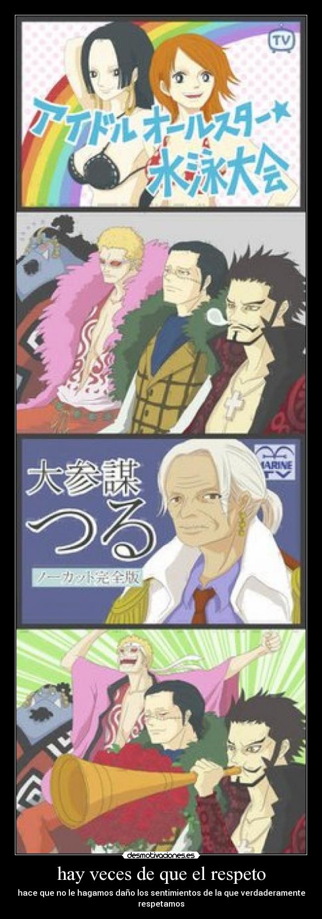 carteles hancock donflamingo jimbei kuma mihawk crocodile nami one piece desmotivaciones