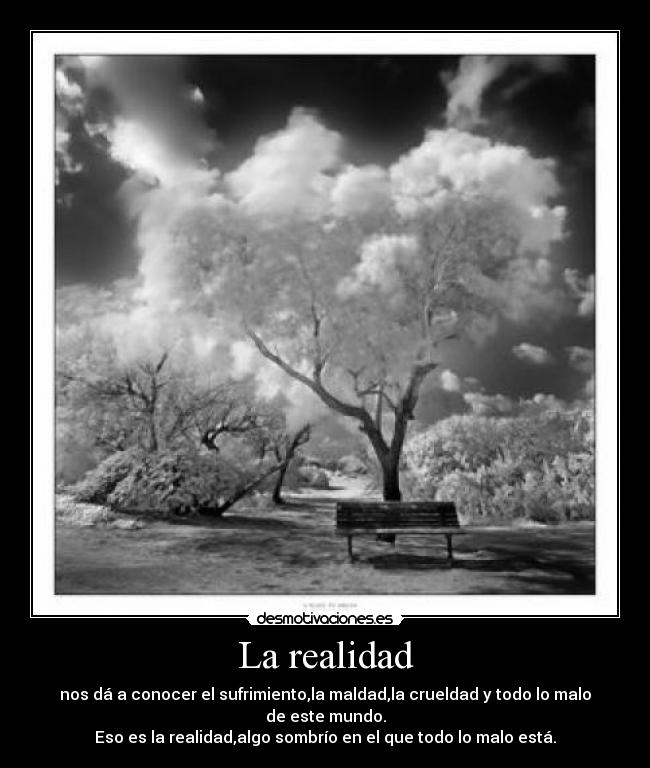 La realidad - nos dá a conocer el sufrimiento,la maldad,la crueldad y todo lo malo de este mundo.
Eso es la realidad,algo sombrío en el que todo lo malo está.