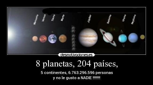 8 planetas, 204 países, - 5 continentes, 6.763.296.596 personas
y no le gusto a NADIE !!!!!!!!