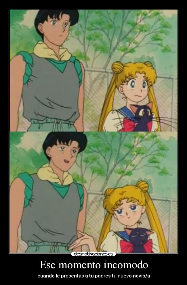 carteles sailor moon anime darien serena momento incomodo padres presentar nuevo novio gata lunaxd desmotivaciones