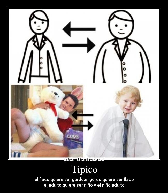 Tipico - el flaco quiere ser gordo,el gordo quiere ser flaco
el adulto quiere ser niño y el niño adulto
