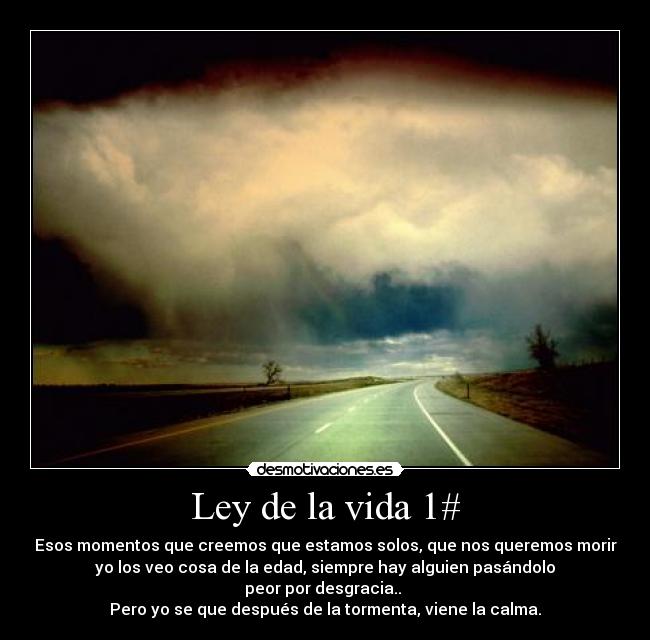 Ley de la vida 1# - Esos momentos que creemos que estamos solos, que nos queremos morir
yo los veo cosa de la edad, siempre hay alguien pasándolo
peor por desgracia..
Pero yo se que después de la tormenta, viene la calma.