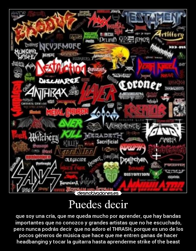 Puedes decir - que soy una cría, que me queda mucho por aprender, que hay bandas
importantes que no conozco y grandes artistas que no he escuchado,
pero nunca podrás decir  que no adoro el THRASH, porque es uno de los
pocos géneros de música que hace que me entren ganas de hacer
headbanging y tocar la guitarra hasta aprenderme strike of the beast