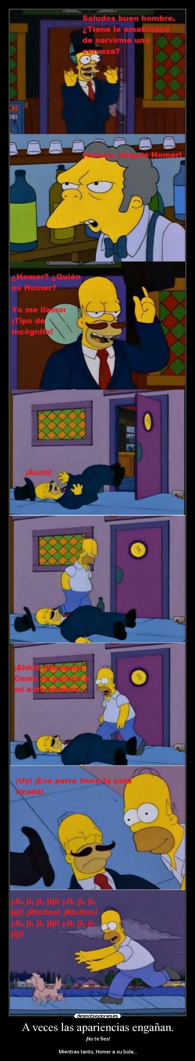carteles homer ricitos moe apariencias enganan perro bar cerveza taberna tipo incognito paliza desmotivaciones