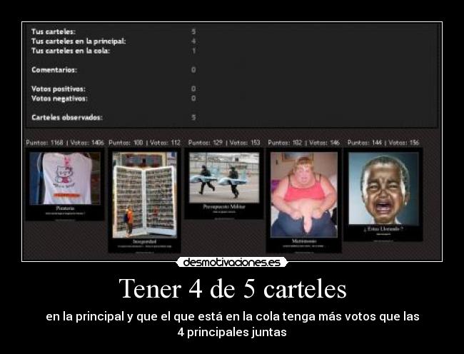 Tener 4 de 5 carteles - en la principal y que el que está en la cola tenga más votos que las
4 principales juntas