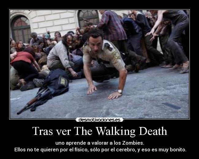Tras ver The Walking Death - uno aprende a valorar a los Zombies.
 Ellos no te quieren por el físico, sólo por el cerebro, y eso es muy bonito.