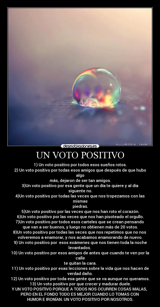 UN VOTO POSITIVO - 1) Un voto positivo por todos esos sueños rotos.
2) Un voto positivo por todas esos amigos que después de que hubo algo
más, dejaron de ser tan amigos.
3)Un voto positivo por esa gente que un día te quiere y al día siguente no.
4)Un voto positivo por todas las veces que nos tropezamos con las mismas
piedras.
5)Un voto positivo por las veces que nos han roto el corazón.
6)Un voto positivo por las veces que nos han pisoteado el orgullo.
7)Un voto positivo por todos esos carteles que se crean pensando 
que van a ser buenos, y luego no obtienen más de 20 votos.
8)Un voto positivo por todas las veces que nos repetimos que no nos 
volveremos a enamorar, y nos acabamos enamorando de nuevo.
9) Un voto positivo por  esos exámenes que nos tienen toda la noche levantados. 
10) Un voto positivo por esos amigos de antes que cuando te ven por la calle
te quitan la cara.
11) Un voto positivo por esas lecciones sobre la vida que nos hacen de verdad daño.
12) Un voto positivo por toda esa gente que se va aunque no queramos.
13) Un voto positivo por que crecer y madurar duele.
Y UN VOTO POSITIVO PORQUE A TODOS NOS OCURREN COSAS MALAS, 
PERO EN EL FONDO TODO ES MEJOR CUANDO LO TOMAS CON 
HUMOR E IRONÍAN. UN VOTO POSITIVO POR NOSOTROS.