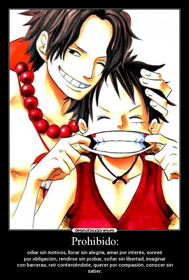 Prohibido: - odiar sin motivos, llorar sin alegría, amar por interés, sonreír
por obligación, rendirse sin probar, soñar sin libertad, imaginar
con barreras, reír conteniéndote, querer por compasión, conocer sin
saber.