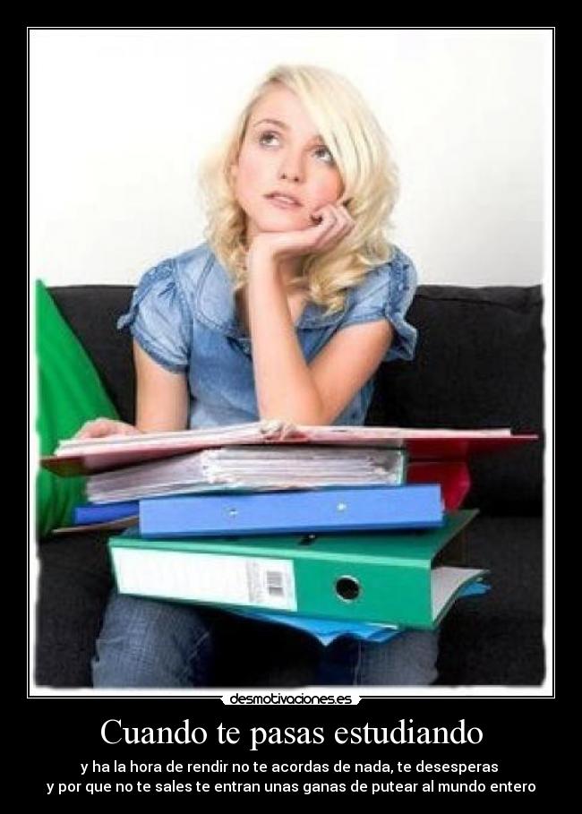 Cuando te pasas estudiando - y ha la hora de rendir no te acordas de nada, te desesperas 
y por que no te sales te entran unas ganas de putear al mundo entero