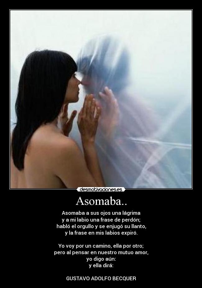 Asomaba.. - Asomaba a sus ojos una lágrima
y a mi labio una frase de perdón;
habló el orgullo y se enjugó su llanto,
y la frase en mis labios expiró.

Yo voy por un camino, ella por otro;
pero al pensar en nuestro mutuo amor,
yo digo aún:
y ella dirá:

GUSTAVO ADOLFO BECQUER