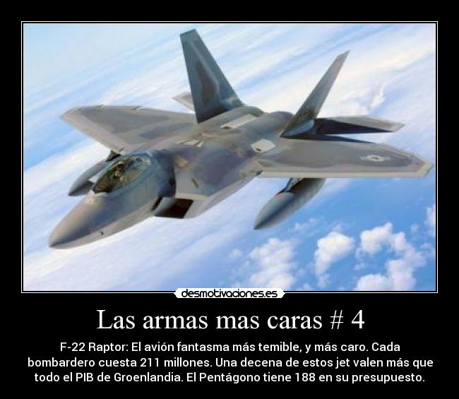 Las armas mas caras # 4 - F-22 Raptor: El avión fantasma más temible, y más caro. Cada
bombardero cuesta 211 millones. Una decena de estos jet valen más que
todo el PIB de Groenlandia. El Pentágono tiene 188 en su presupuesto.