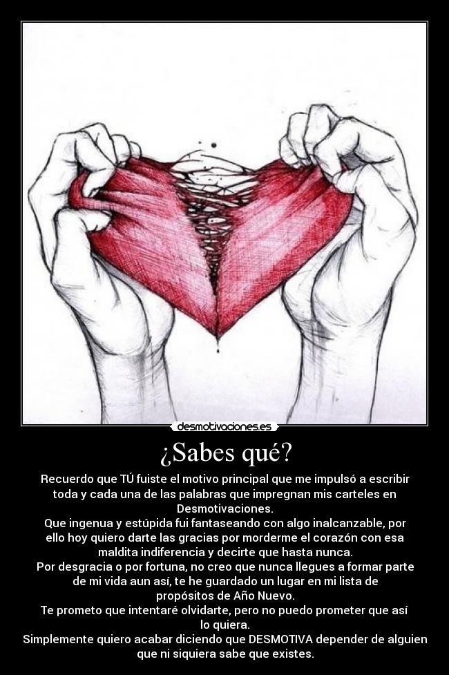 ¿Sabes qué? - Recuerdo que TÚ fuiste el motivo principal que me impulsó a escribir
toda y cada una de las palabras que impregnan mis carteles en
Desmotivaciones.
Que ingenua y estúpida fui fantaseando con algo inalcanzable, por
ello hoy quiero darte las gracias por morderme el corazón con esa
maldita indiferencia y decirte que hasta nunca.
Por desgracia o por fortuna, no creo que nunca llegues a formar parte
de mi vida aun así, te he guardado un lugar en mi lista de
propósitos de Año Nuevo.
Te prometo que intentaré olvidarte, pero no puedo prometer que así
lo quiera.
Simplemente quiero acabar diciendo que DESMOTIVA depender de alguien
que ni siquiera sabe que existes.
