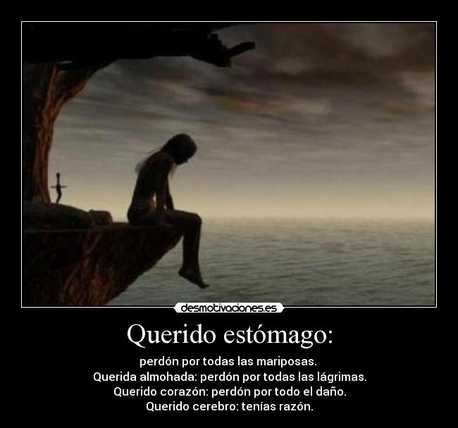 Querido estómago: - perdón por todas las mariposas. 
Querida almohada: perdón por todas las lágrimas.
Querido corazón: perdón por todo el daño.
Querido cerebro: tenías razón.