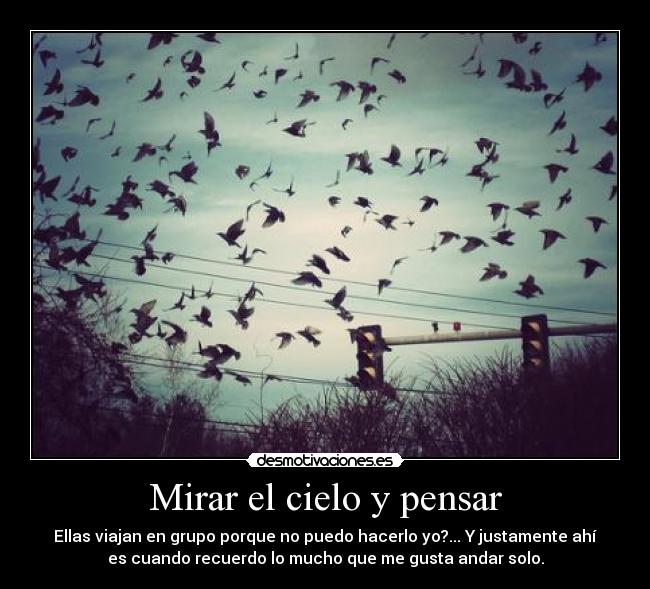 Mirar el cielo y pensar - Ellas viajan en grupo porque no puedo hacerlo yo?... Y justamente ahí
es cuando recuerdo lo mucho que me gusta andar solo.