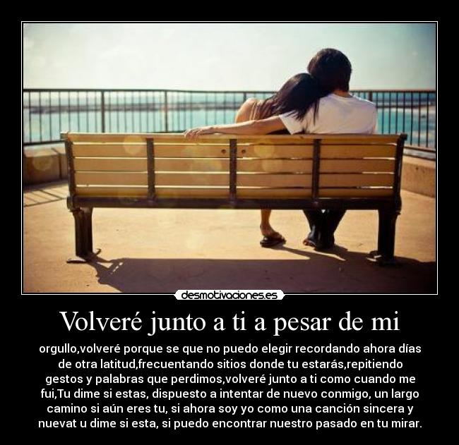 Volveré junto a ti a pesar de mi - orgullo,volveré porque se que no puedo elegir recordando ahora días
de otra latitud,frecuentando sitios donde tu estarás,repitiendo
gestos y palabras que perdimos,volveré junto a ti como cuando me
fui,Tu dime si estas, dispuesto a intentar de nuevo conmigo, un largo
camino si aún eres tu, si ahora soy yo como una canción sincera y
nuevat u dime si esta, si puedo encontrar nuestro pasado en tu mirar.