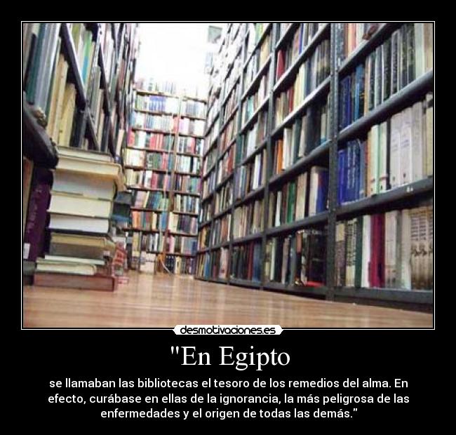 En Egipto - se llamaban las bibliotecas el tesoro de los remedios del alma. En
efecto, curábase en ellas de la ignorancia, la más peligrosa de las
enfermedades y el origen de todas las demás.