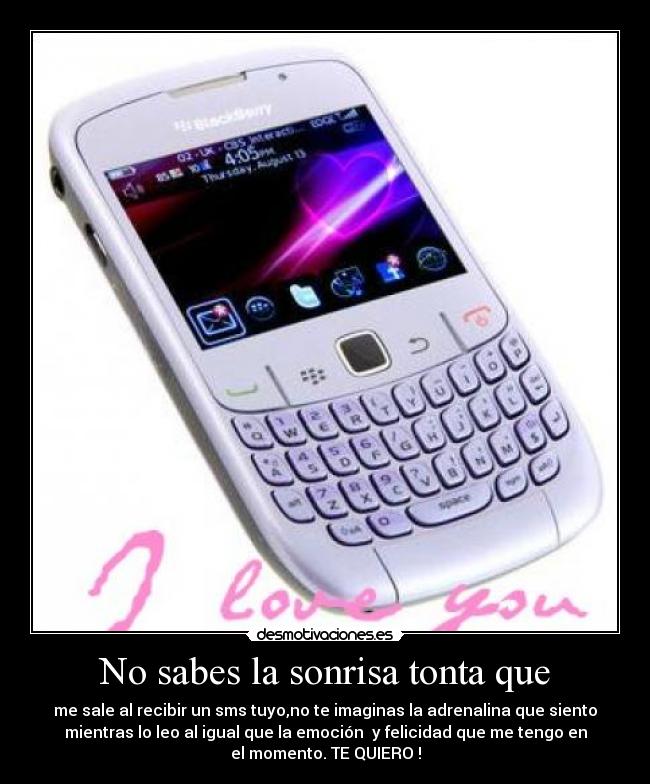 No sabes la sonrisa tonta que - me sale al recibir un sms tuyo,no te imaginas la adrenalina que siento
mientras lo leo al igual que la emoción y felicidad que me tengo en
el momento. TE QUIERO♥!