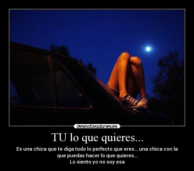 TU lo que quieres... - Es una chica que te diga todo lo perfecto que eres... una chica con la
que puedas hacer lo que quieres...
Lo siento yo no soy esa