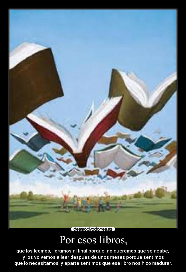 Por esos libros, - que los leemos, lloramos al final porque no queremos que se acabe,
y los volvemos a leer despues de unos meses porque sentimos
que lo necesitamos, y aparte sentimos que ese libro nos hizo madurar.