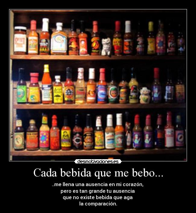 Cada bebida que me bebo... - ..me llena una ausencia en mi corazón, 
pero es tan grande tu ausencia 
que no existe bebida que aga 
la comparación.