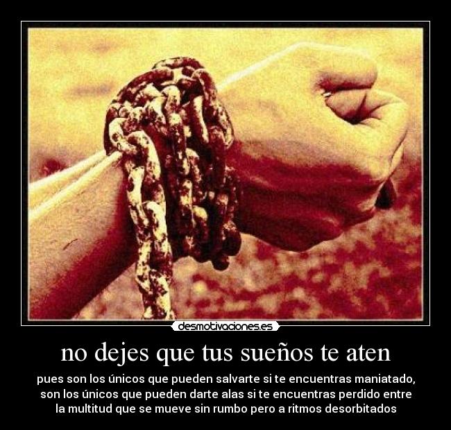 no dejes que tus sueños te aten - pues son los únicos que pueden salvarte si te encuentras maniatado,
son los únicos que pueden darte alas si te encuentras perdido entre
la multitud que se mueve sin rumbo pero a ritmos desorbitados