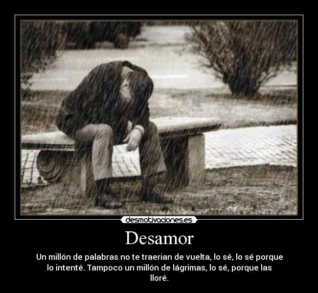 Desamor - Un millón de palabras no te traerian de vuelta, lo sé, lo sé porque
lo intenté. Tampoco un millón de lágrimas, lo sé, porque las
lloré.